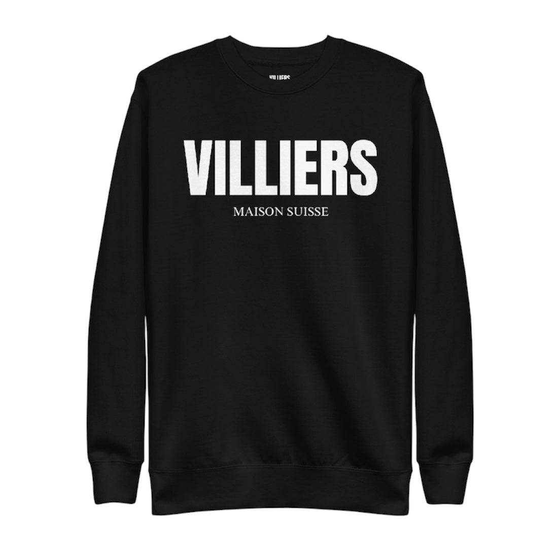 Herren Premium Sweatshirt von VILLIERS in Schwarz mit weissem Logo auf der Brust, frontal als Produktbild dargestellt.