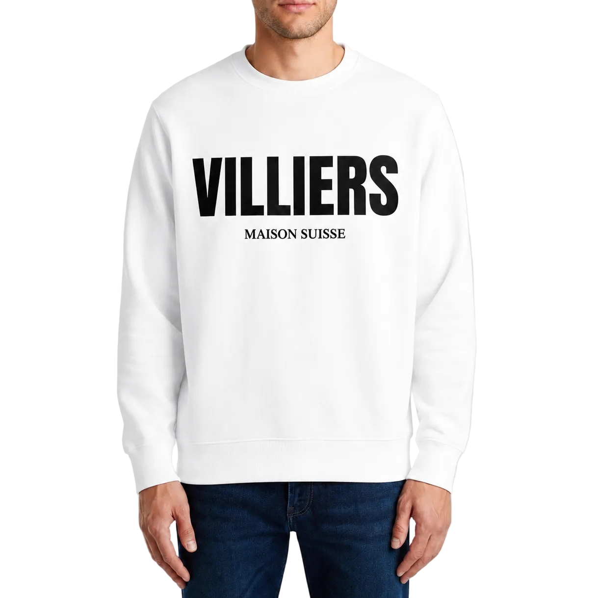 Herren Premium Sweatshirt von VILLIERS in Weiß mit schwarzem Logo auf der Brust, getragen von einem Model in der Frontansicht