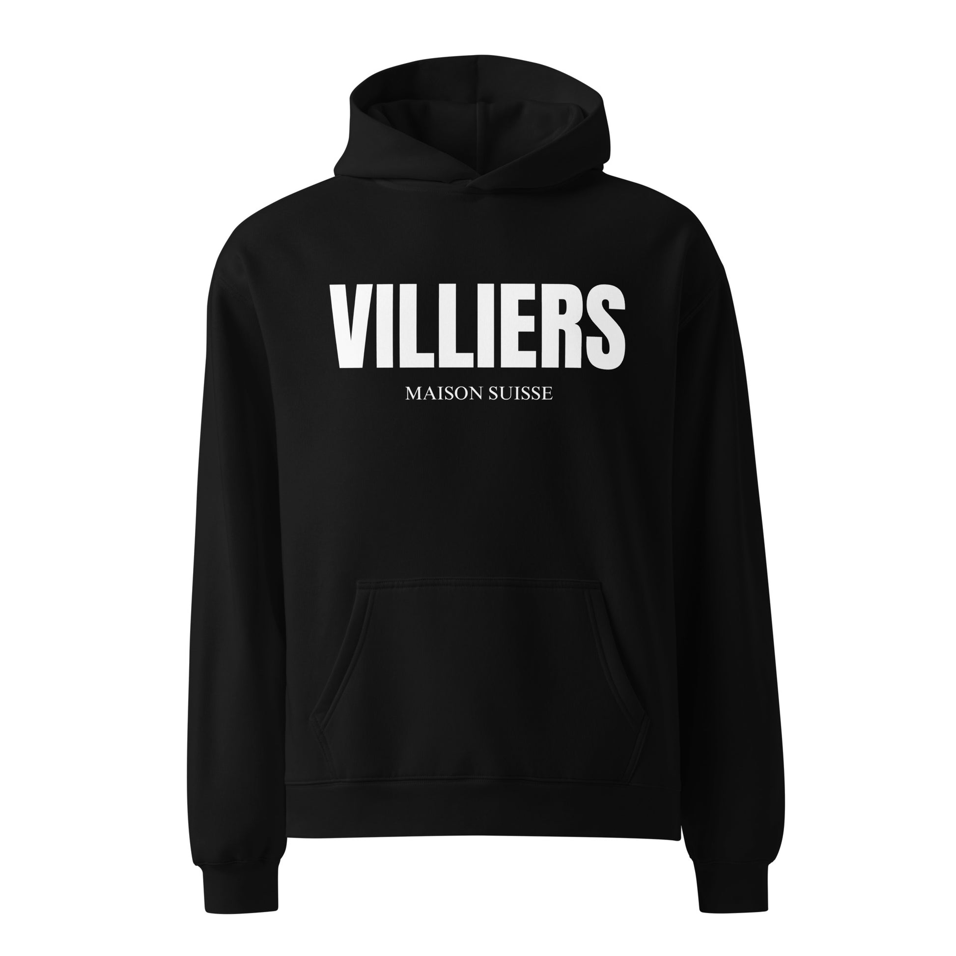 Damen Oversize Hoodie von VILLIERS MAISON SUISSE in Schwarz mit weissem Logo auf der Brust, frontal als Produktbild dargestellt.