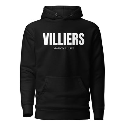 Damen Oversize Hoodie von VILLIERS MAISON SUISSE in Schwarz mit weißem Logo auf der Brust, frontal als Produktbild dargestellt.