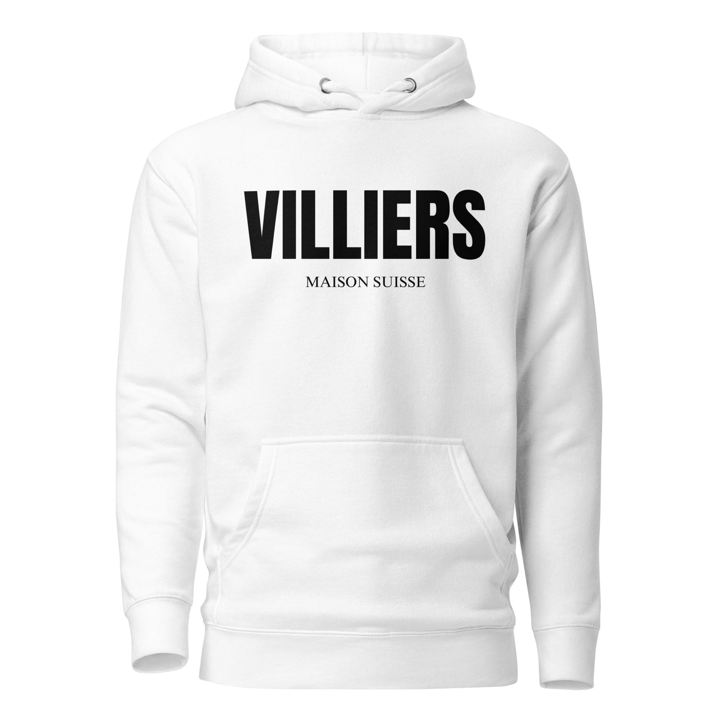 Damen Premium Hoodie von VILLIERS MAISON SUISSE in Weiss mit schwarzem Logo auf der Brust, frontal als Produktbild dargestellt.