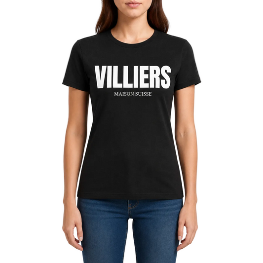 
Damen T Shirt von VILLIERS MAISON SUISSE in Schwarz mit weissem Logo auf der Brust, getragen von einem Model in Frontansicht