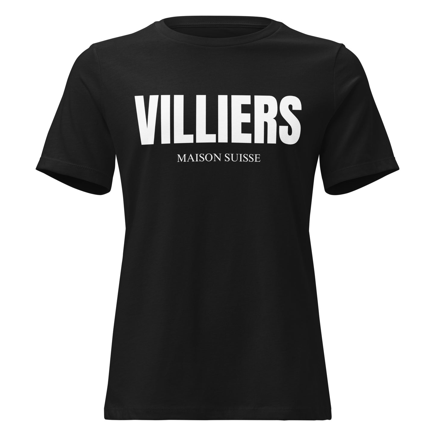 Damen T Shirt von VILLIERS MAISON SUISSE in Schwarz mit weissem Logo auf der Brust, frontal als Produktbild dargestellt.