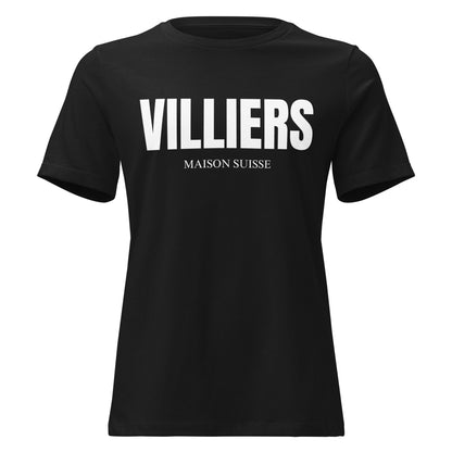 Damen T Shirt von VILLIERS MAISON SUISSE in Schwarz mit weissem Logo auf der Brust, frontal als Produktbild dargestellt.