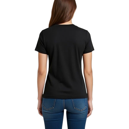 Damen T Shirt von VILLIERS MAISON SUISSE in Schwarz, getragen von einem Model in Rückenansicht mit schlichtem Design.
