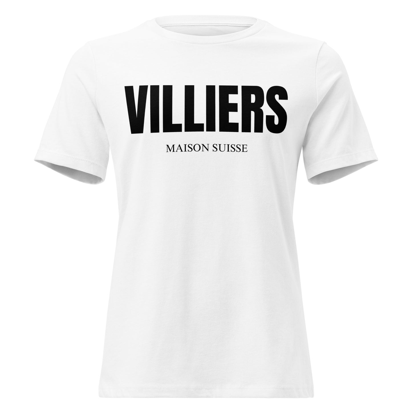 Damen T Shirt von VILLIERS MAISON SUISSE in Weiss mit schwarzem Logo auf der Brust, frontal als Produktbild dargestellt.