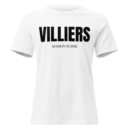 Damen T Shirt von VILLIERS MAISON SUISSE in Weiss mit schwarzem Logo auf der Brust, frontal als Produktbild dargestellt.