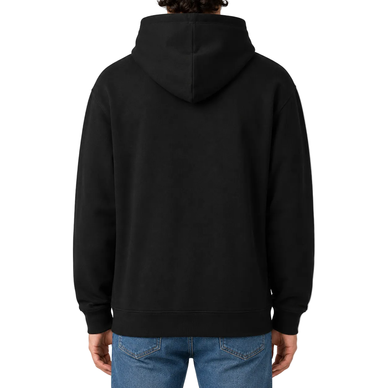 Herren Oversize Hoodie von VILLIERS MAISON SUISSE in Schwarz mit weißem Logo auf der Brust, getragen von einem Model in der Rückenansicht