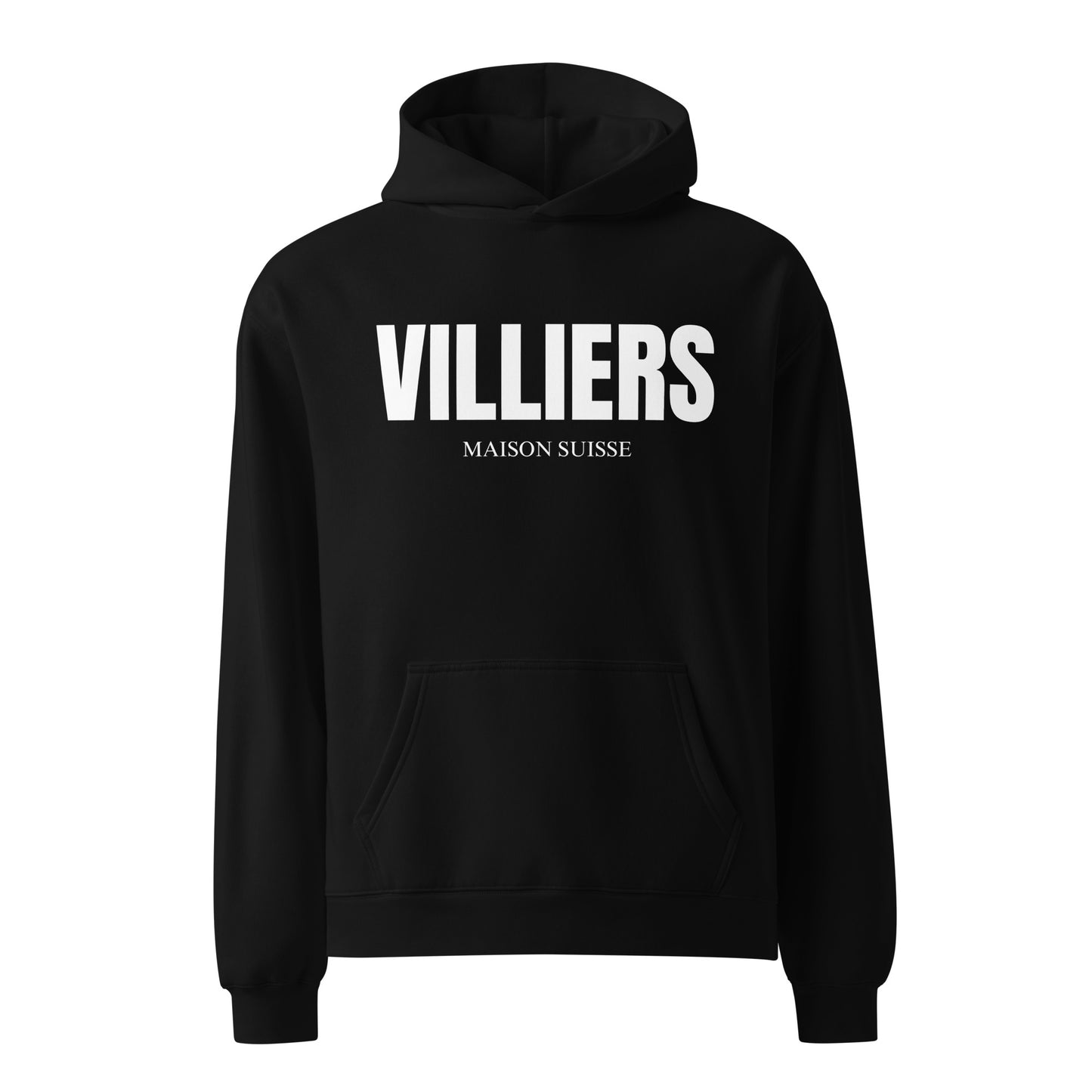 Herren Oversize Hoodie von VILLIERS in Schwarz mit weißem Logo auf der Brust, frontal als Produktbild dargestellt.