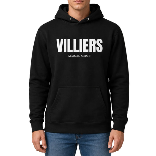 Herren Premium Hoodie von VILLIERS MAISON SUISSE in Schwarz mit weißem Logo auf der Brust, getragen von einem Model in der Frontansicht.