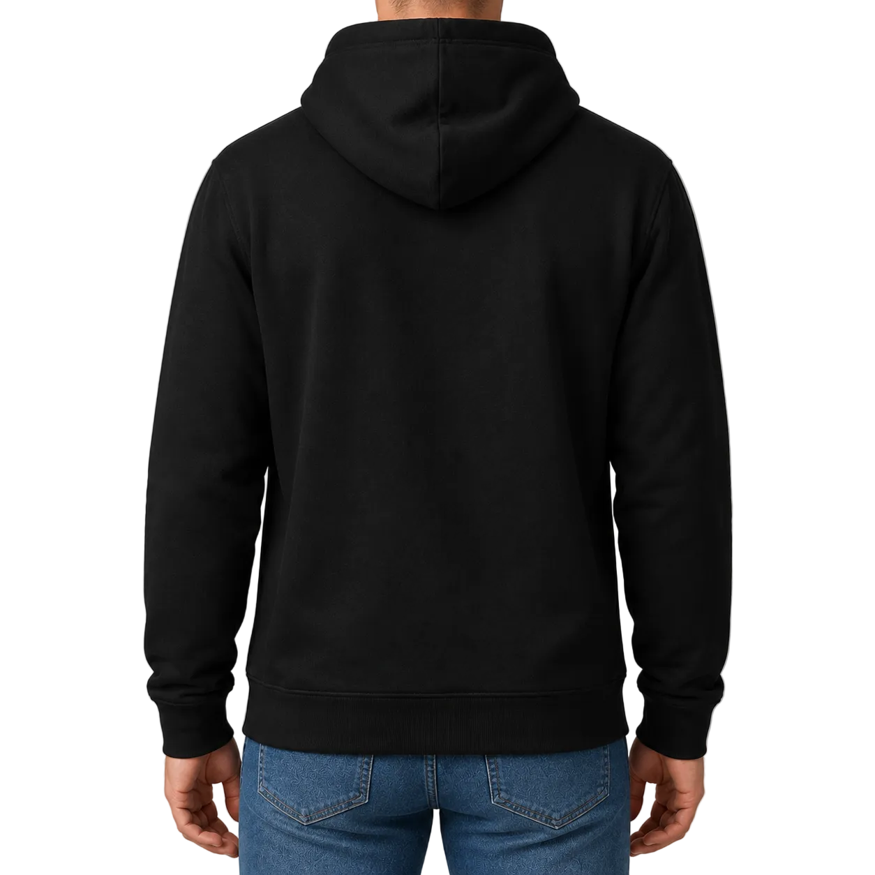 Herren Premium Hoodie von VILLIERS MAISON SUISSE in Schwarz, getragen von einem Model in der Rückenansicht.