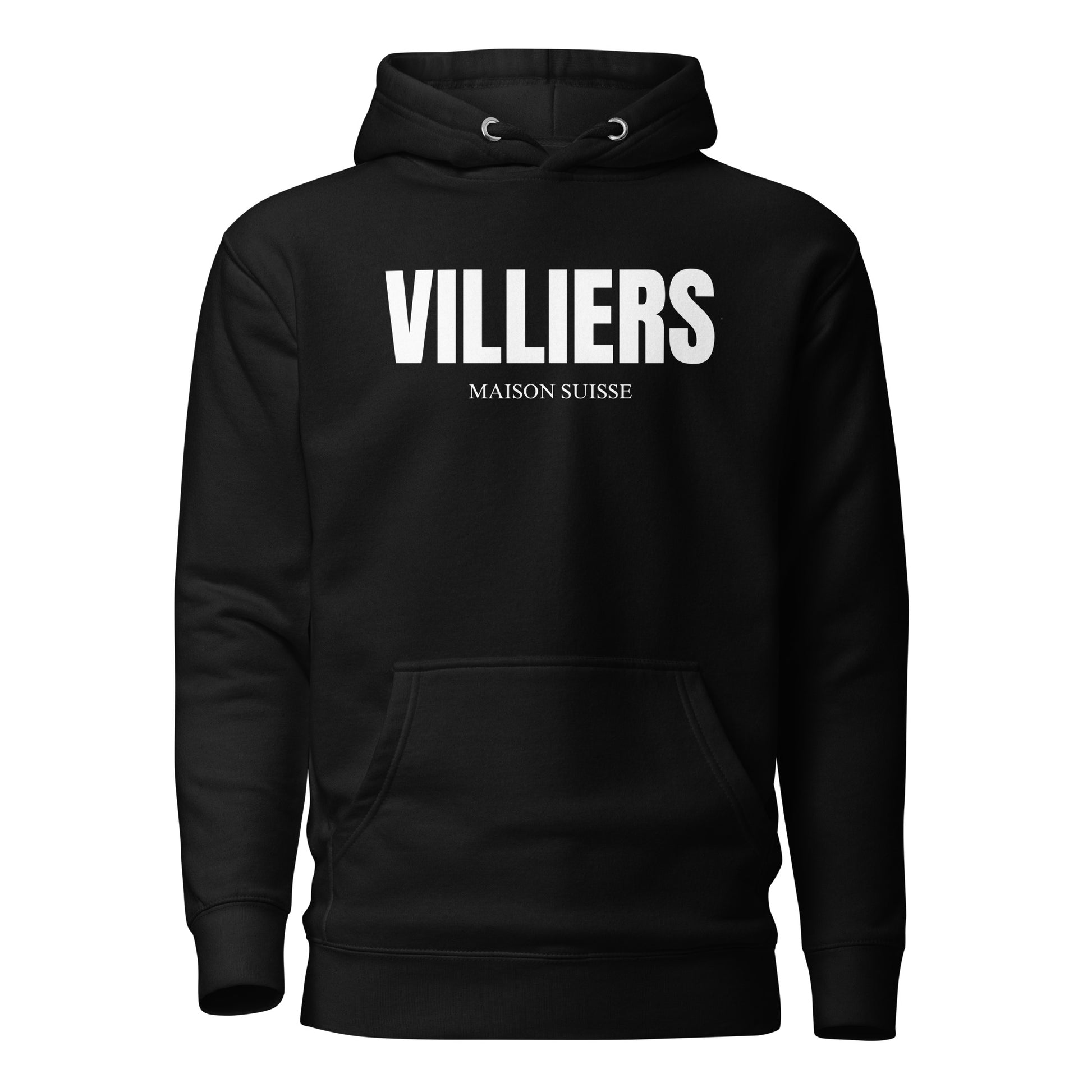 Herren Premium Hoodie von VILLIERS MAISON SUISSE in Schwarz mit weissem Logo auf der Brust, frontal als Produktbild dargestellt.