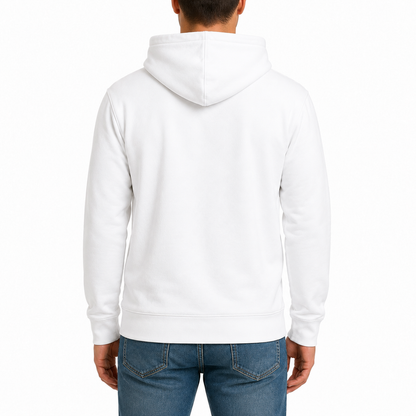 Herren Premium Hoodie von VILLIERS MAISON SUISSE in Weiß, getragen von einem Model in der Rückenansicht.