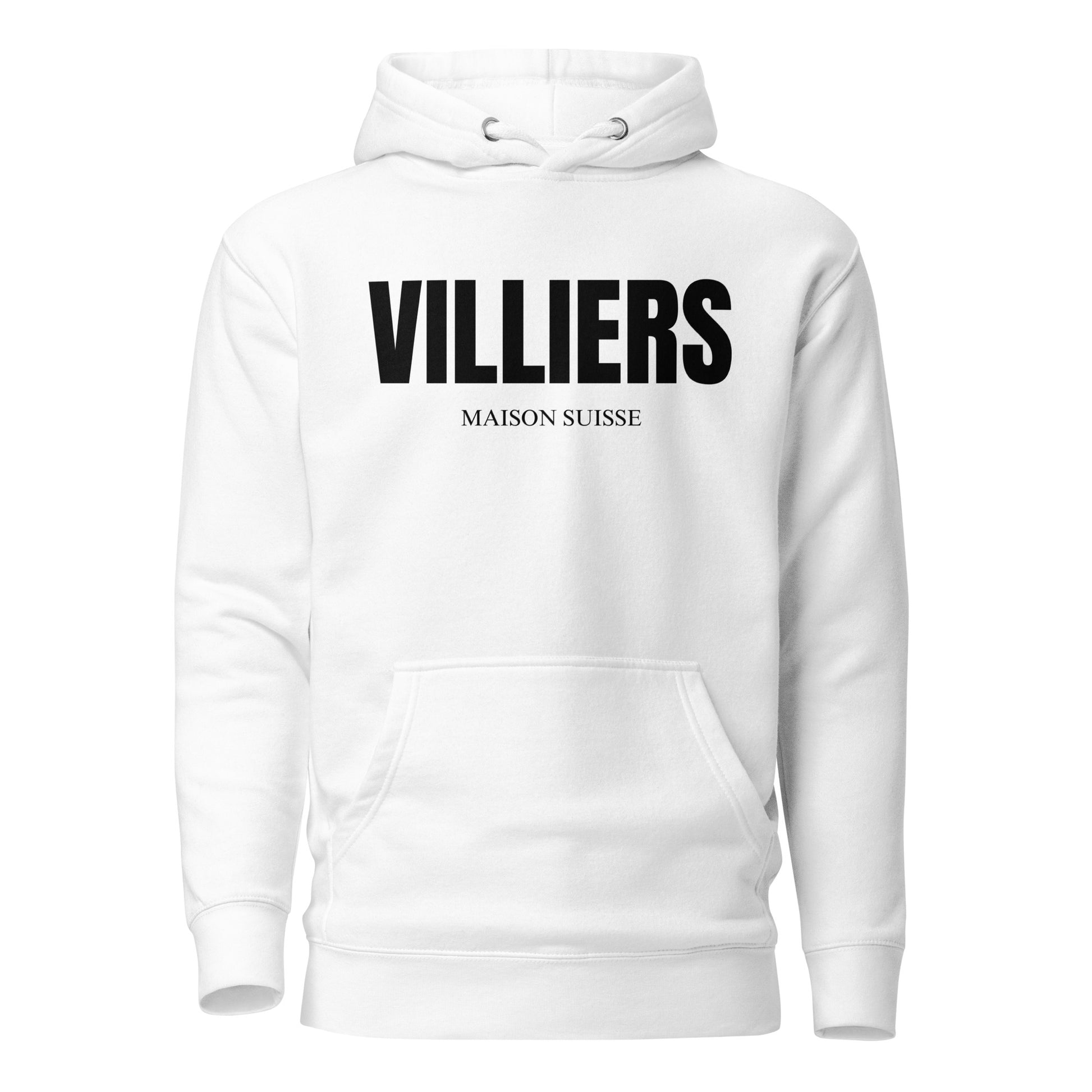 Herren Premium Hoodie von VILLIERS MAISON SUISSE in Weiss mit schwarzem Logo auf der Brust, frontal als Produktbild dargestellt.