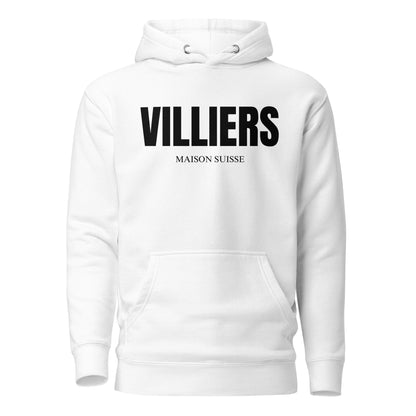 Herren Premium Hoodie von VILLIERS MAISON SUISSE in Weiss mit schwarzem Logo auf der Brust, frontal als Produktbild dargestellt.