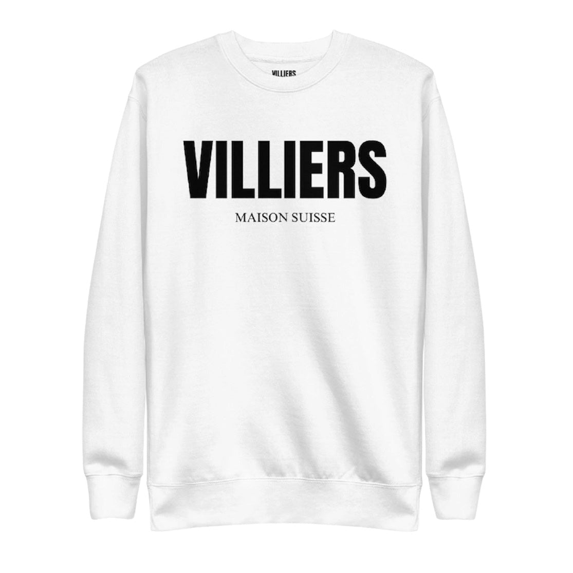 Herren Premium Sweatshirt von VILLIERS in Weiss mit schwarzem Logo auf der Brust, frontal als Produktbild dargestellt.
