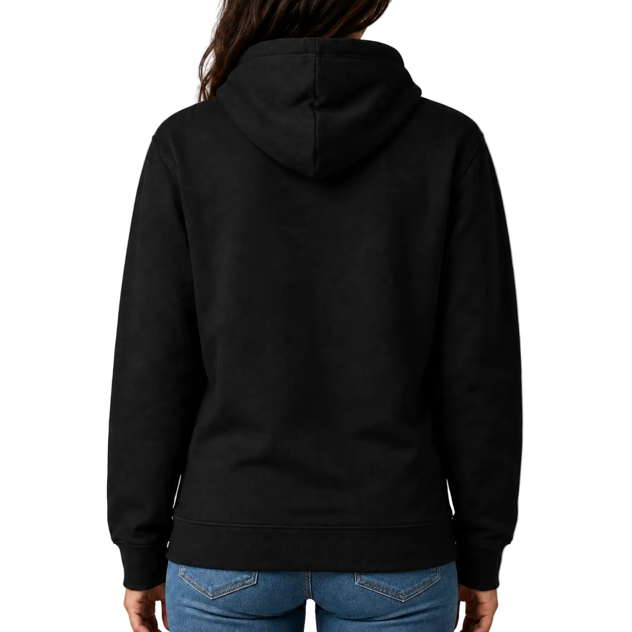Premium Damen Hoodie von VILLIERS MAISON SUISSE in Schwarz, getragen von einem Model in der Rückenansicht.