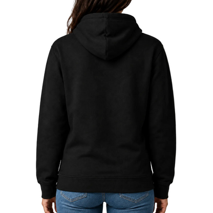Premium Damen Hoodie von VILLIERS MAISON SUISSE in Schwarz, getragen von einem Model in der Rückenansicht.