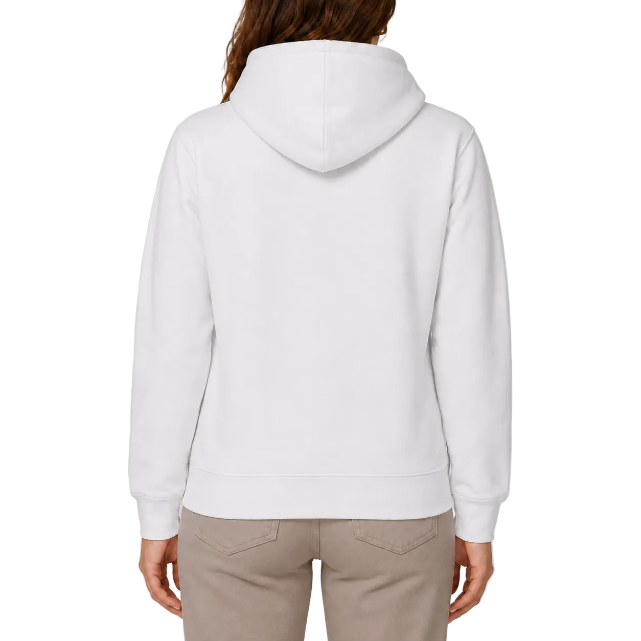 Premium Damen Hoodie von VILLIERS MAISON SUISSE in Weiß, getragen von einem Model in der Rückenansicht.