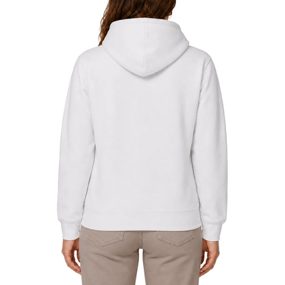 Premium Damen Hoodie von VILLIERS MAISON SUISSE in Weiß, getragen von einem Model in der Rückenansicht.